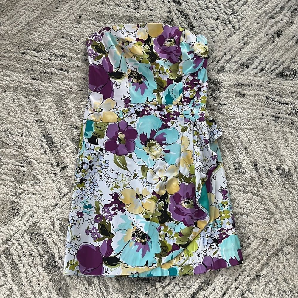 Floral White Purple Blue Yellow Strapless Dress